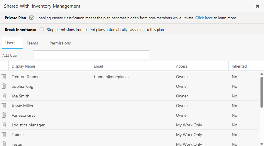 Shared With dialog with the Private Plan checkbox selected
